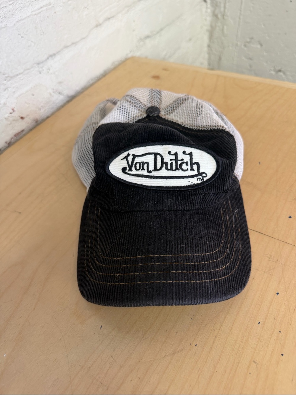Von Dutch Black and White Mesh / Corduroy Logo Trucker Hat